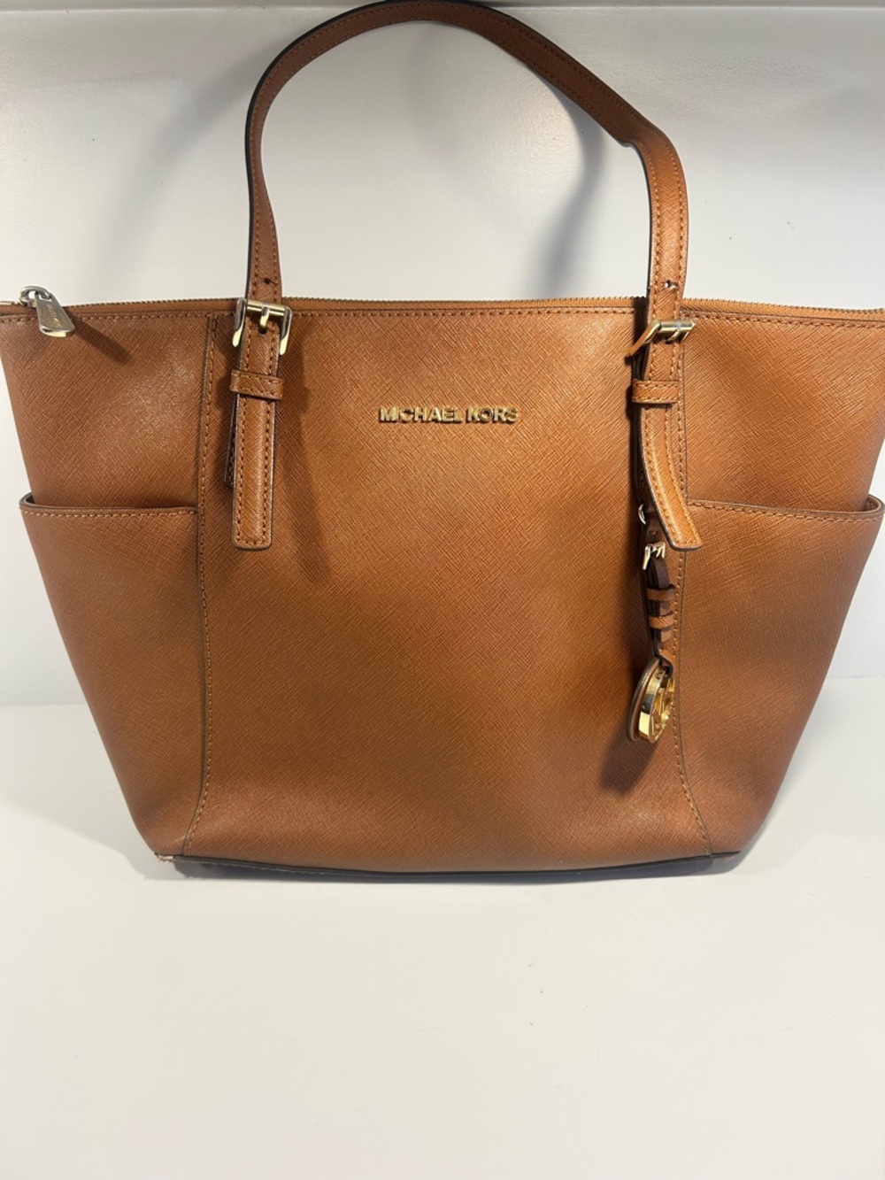 Michael Kors Jet Set Travel Tote Brown Saffiano Leather Large Zip Top Bag Purse